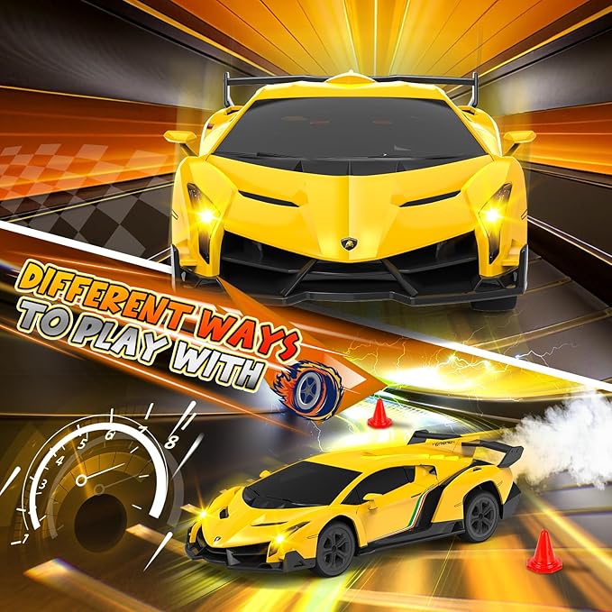 1:24 Lamborghini RC Cars - Dift Cars Licensed Lambo Remote Control Car with Dift Tyles &amp Road Blocks 2.4GHz Fast Speed Toy Car Christmas Toys GIFS for Kids Age 5+ Years Old (Yellow)
