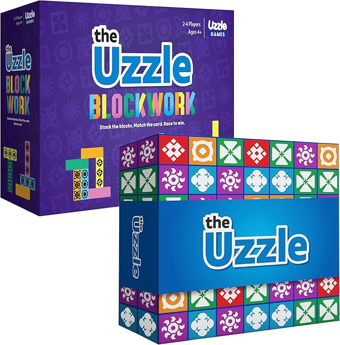 Uzzle 3.0 Board Game &amp Blockwork Bundle – Ultimate Family Fun Pack - Fast-Paced Puzzle Games for Ages 4+ - Multiple Difficulty Levels - 2 to 4 Players