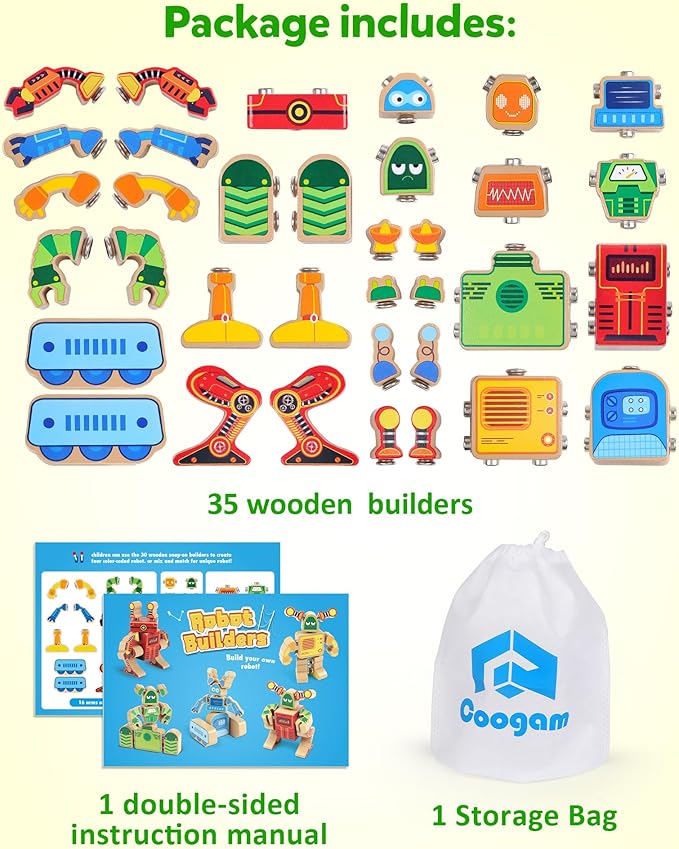 Coogam Fine Motor Building Robot Blocks for 3 4 5 Years Old Kids Wooden Snap Together Builders STEM Take Apart Robot Playset Educational Learning Toy Gift for Boys Girls