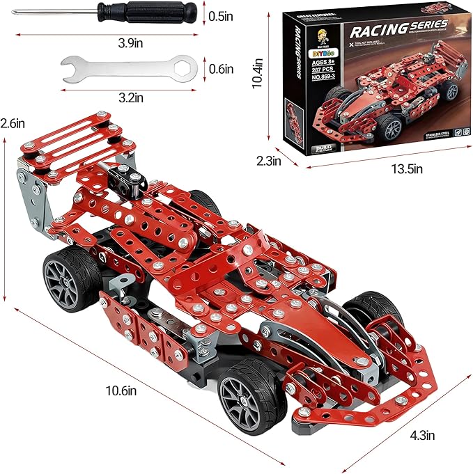 Metal Car Kit 287 Pcs Metal Building Car kit Toy Model Car Kit DIY Assembly Toy Kit STEM Educational Toys for Kids Ages 8 9 10 11 12 Teens and Adults (Racing Car)