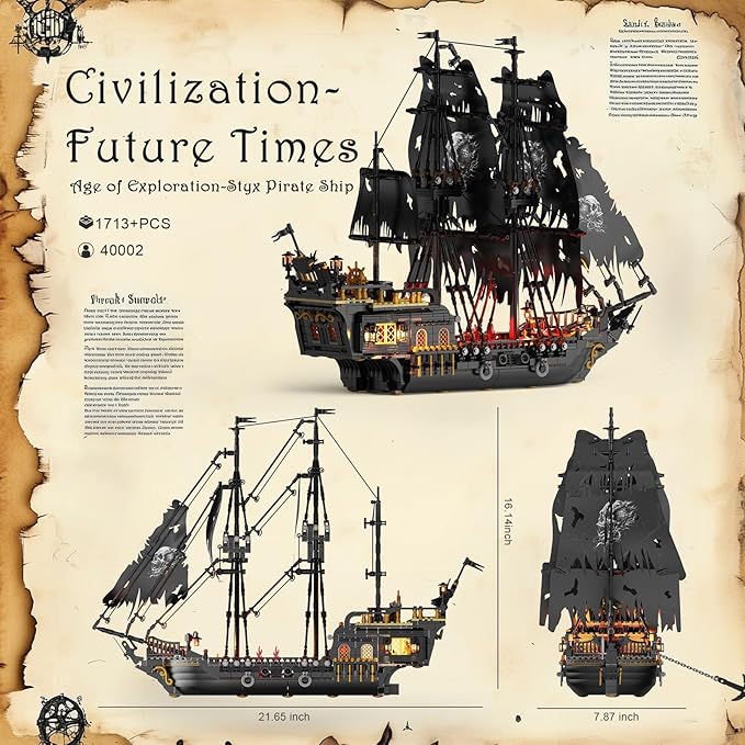 JMBricklayer Pirate Ship Building Toys with Lights Pearl Pirate Ship Model Boat Kit 40002 Black Ship Toy Building Sets for Adult Teens 14+ Home Office Decor Valentines Gifts(1713 PCS) New Upgrade