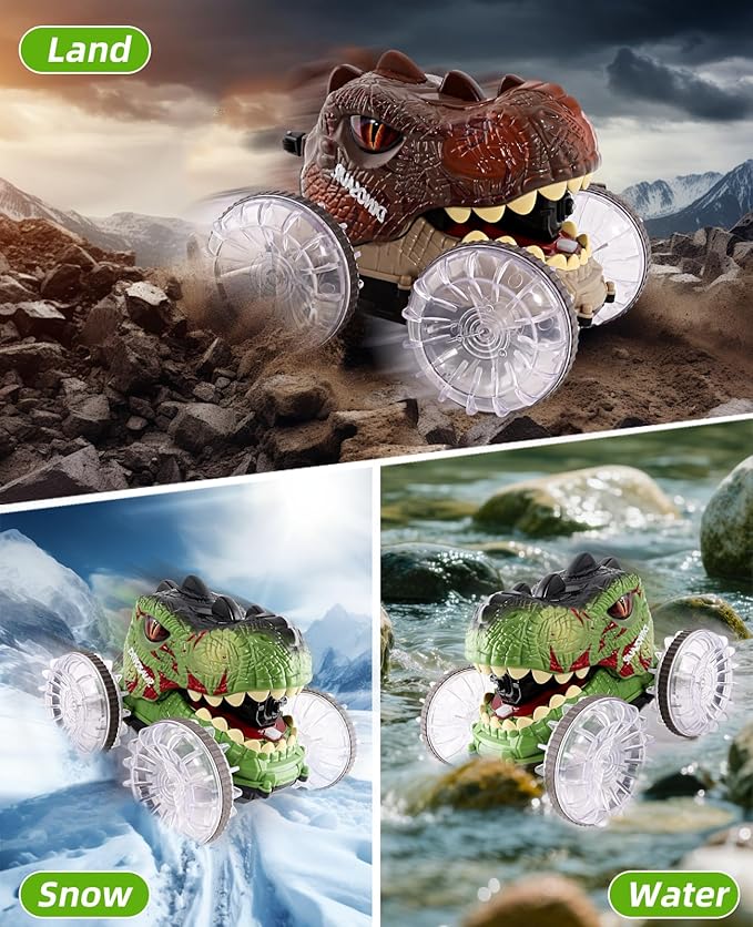 Amphibious Remote Control Monster Truck 4WD All Terrain Off-Road Dinosaur Truck with Water Gun 1:18 Scale RC Cars with Lights &amp Music 2.4 GHz Waterproof RC Dinosaur Car for Boys 4-7 Gifts