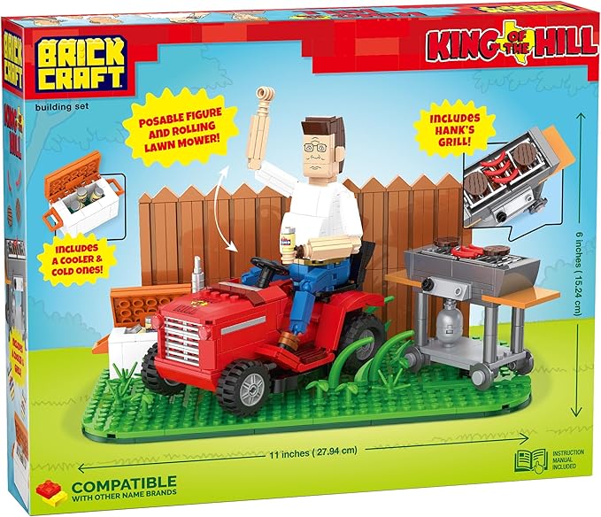 Brickcraft King of The Hill Hank Hill’s Backyard Building Kit (586-Piece Set) Hank Hill Figure Lawn Mower Grill &amp Cooler Animated TV Show Collectible Display Xmas Christmas
