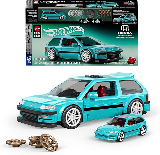 Mattel Brick Shop Hot Wheels 1990 Honda Civic EF Speed Series Custom Building Set with 248 Pieces Realistic Details and Customization Stickers JHF62
