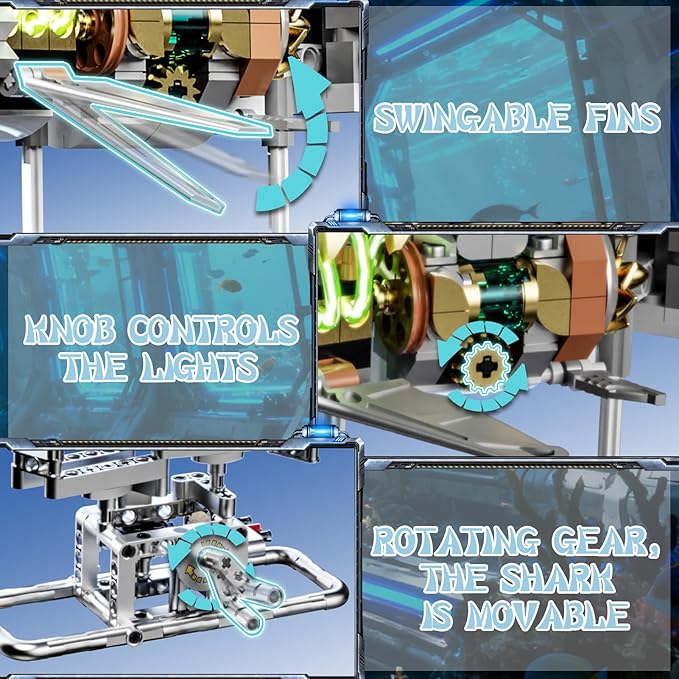 Mechanical Shark Building Block Set with Light Compatible with Lego Shark 687PCS Movable Ocean Sea Animals with Display Stand STEM Fish Toys for Home Office Decor for Adults Boys