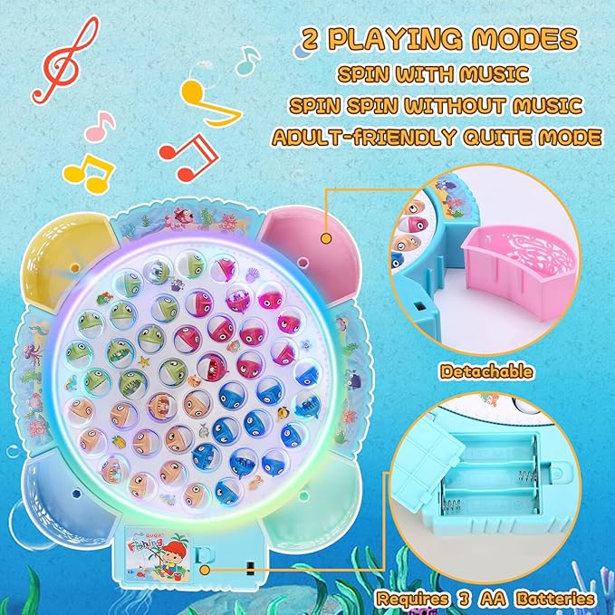 Light Up Fishing Game Toys Rotating Board Game with Music Including 45 Fishes and 8 Fishing Poles Party Game Toys for Kids Age 4 5 6 7 8 and Up