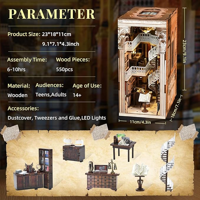 Book Nook Kit Library DIY Miniature House Kit 3D Wooden Puzzle Dollhouse Kit for Adults and Teens Bookshelf Booknook with LED Light (Law Library)
