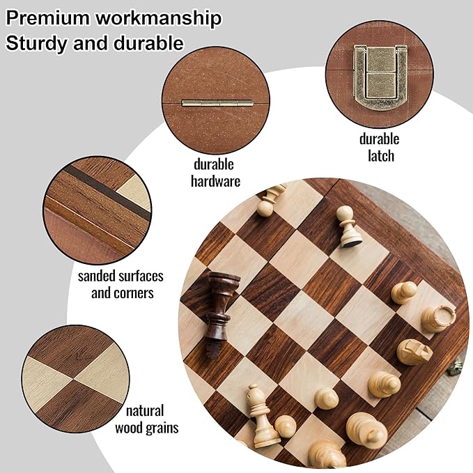 2 in 1 Wooden Chess and Checkers Set - Folding Magnetic Chess Board with Storage Slots Chess Pieces Portable Travel Chess Set for Adults &amp Kids Includes Carry Bag