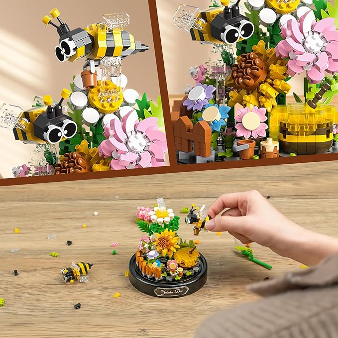QLT QIAOLETONG Flower Bouquet Building Sets 588 PCS Animals Flowers Botanical Collection Mini Bricks Building Blocks Toy for Adults Valentine's Day for Her Mom Women Wife Girlfriend (Bee)