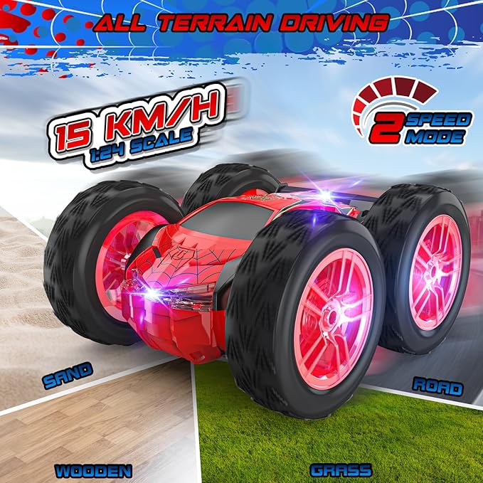 Remote Control Car for Kids RC Stunt Cars Toys for Boys Ages 4-7 with Cool Double-Sided Pattern and LED Flash 1:24 Vehicle Toy Car Hobby Racing Car Toys Gift for 3 4 5 6 7 8 9 Year Old Boys