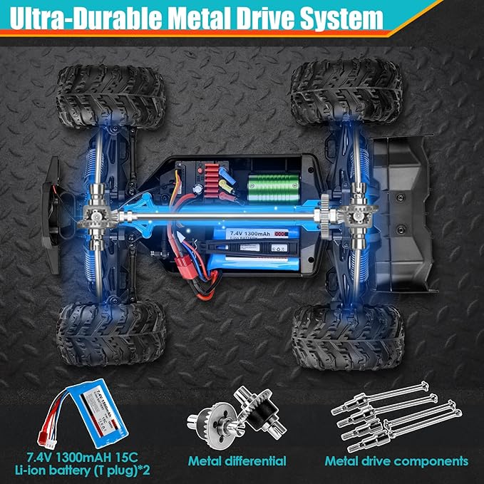 RC Car 1/16 Scale 4WD Brushless High-Speed Remote Control Car Fast 65+ mph All-Terrain Off-Road Truck Adult Electric RC car Including 1500mAh*2 T-Plug Battery Suitable for Adults Boys