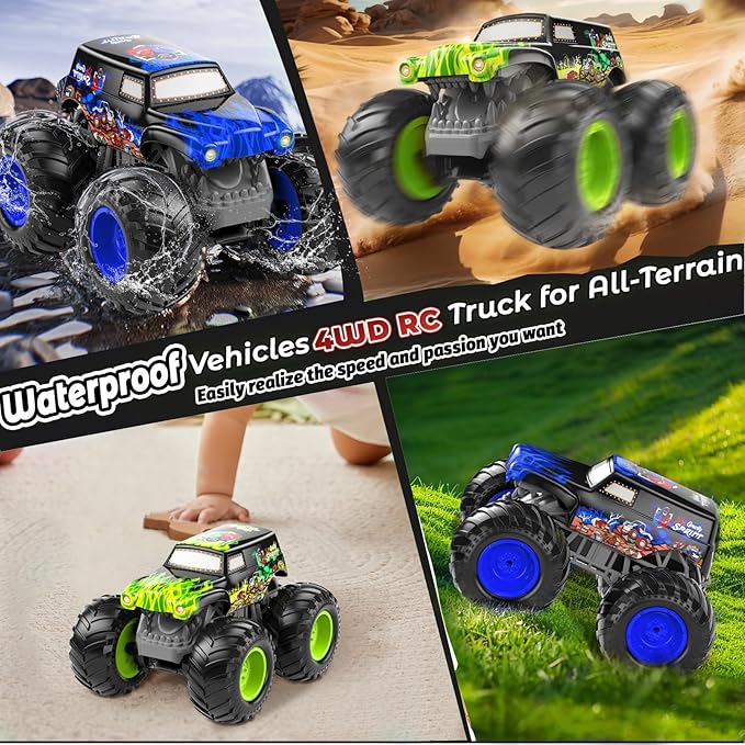 1:14 Waterproof Remote Control Car Front &amp Rear Wheelie Monster Truck Amphibious RC Truck with 2 Sets of Rechargeable Batteries and AAA Batteries 4WD Off-Road Vehicle for Kids Ages 6-12