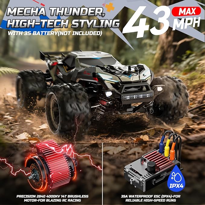 DEERC 308E Brushless Fast RC Cars for Boys &amp Adults 55KM/H 1:18 Off-Road RC Truck All Terrain 4x4 Racing Mecha Car 50 Mins Waterproof Remote Control Monster Truck Compatible with 3S Battery