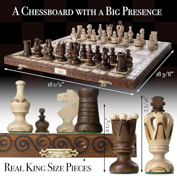 Wegiel Grand Royal Wooden Chess Set for Adults and Kids - 18 Inch Luxury Chess Set Handcrafted from Premium Beech and Birch Wood - Unique Folding Design with Storage