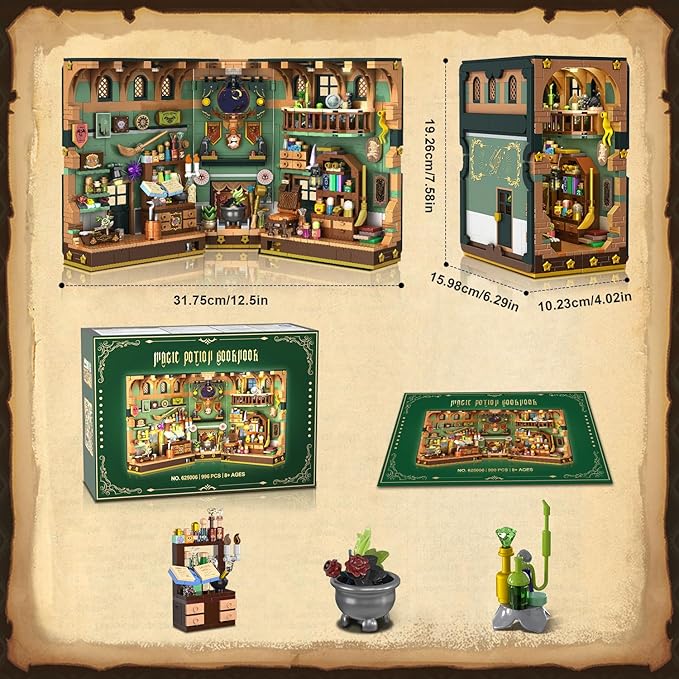 Magic Potion Booknook Building Set with Light DIY Bookend Building Block Kit for Home Decor Bookshelf 990 PCS Miniature Book Nook House Building Brick Model for Adults Kids Boys Girls Age 8+