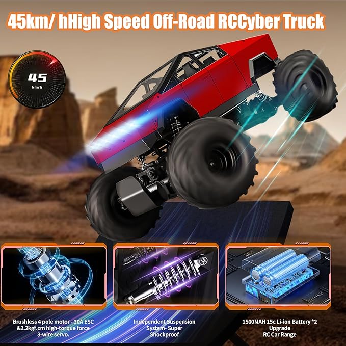 Remote Control Car 2.4Ghz 1/8 Scale Model Racing Car Toys Aluminum Alloy 4WD Off-Road Pickup Truck with LED Headlight and Rechargeable Battery Gifts for Adults Boys (Red)