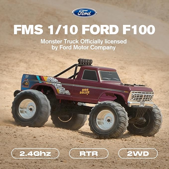 FMS 1/10 Ford F-100 RC Monster Truck RC Crawler RTR 2WD Off-Road Truck with Wheelie Bar High-Torque Motor Hobby Grade Remote Control Car for Adults Black