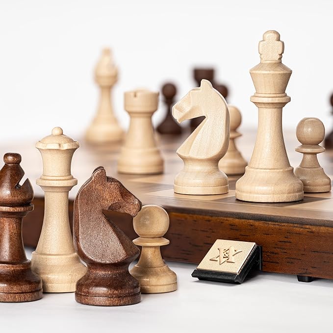 A&ampA 15 Magnetic Wooden Chess Set Handmade 3 King Height Staunton Chess Pieces with 2 Extra Queens Folding Portable Travel Game Set
