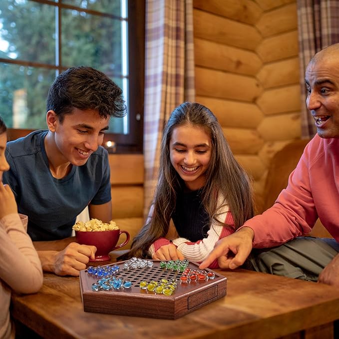 14.2 Wooden Chinese Checkers Board Game with Storage Drawer | 6-Player Marble Strategy Game | Classic Family Board Game for Kids &amp Adults | 16mm 60+12 Colorful Glass Marbles More Easy Grasping