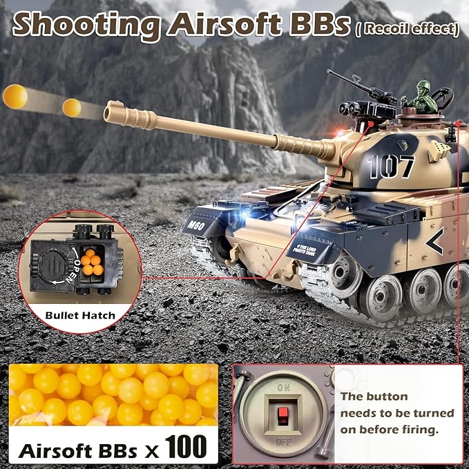 RC Tank 1:18 Alloy Metal US M60 Remote Control Army Model Toys That Shoots 2.4Ghz RC Vehicle with Smoke Sound and Lights Military Tank for Adults and Kids 6+ Year Old