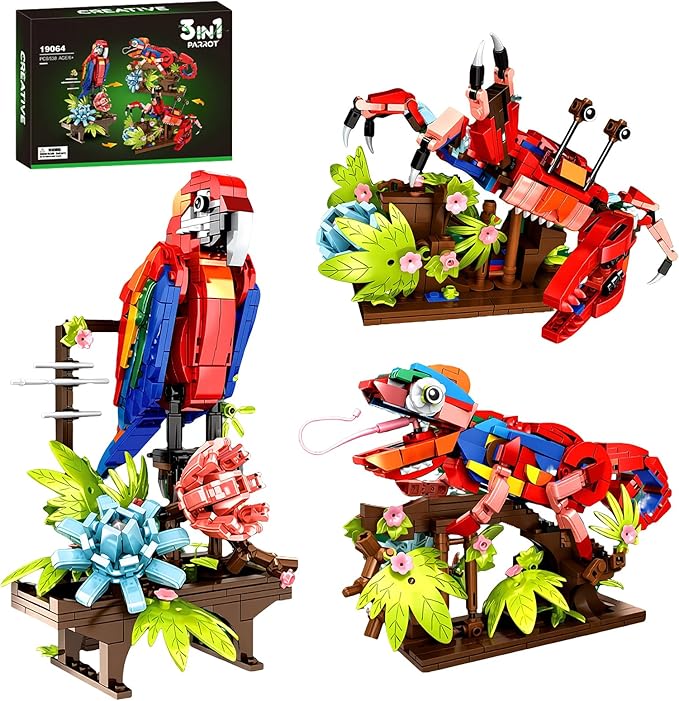 3-in-1 Parrot Building Sets 538 PCS Chameleon &amp Crab Animal Model with Flowers Creative Bird Construction Kit for Adults Nature Display Gift (Compatible with Major Brands)