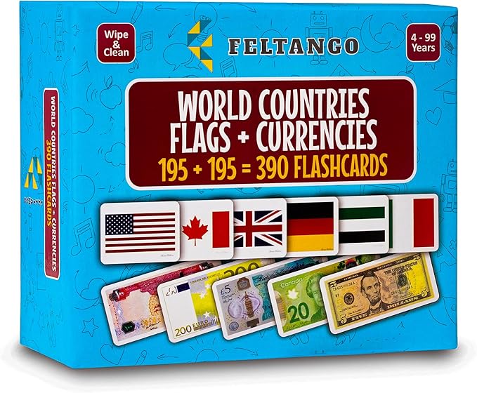 World Country Flags Flash Cards for Kids Currency Flash Cards 195 + 195 = 390 Educational Country Geography Games Cards