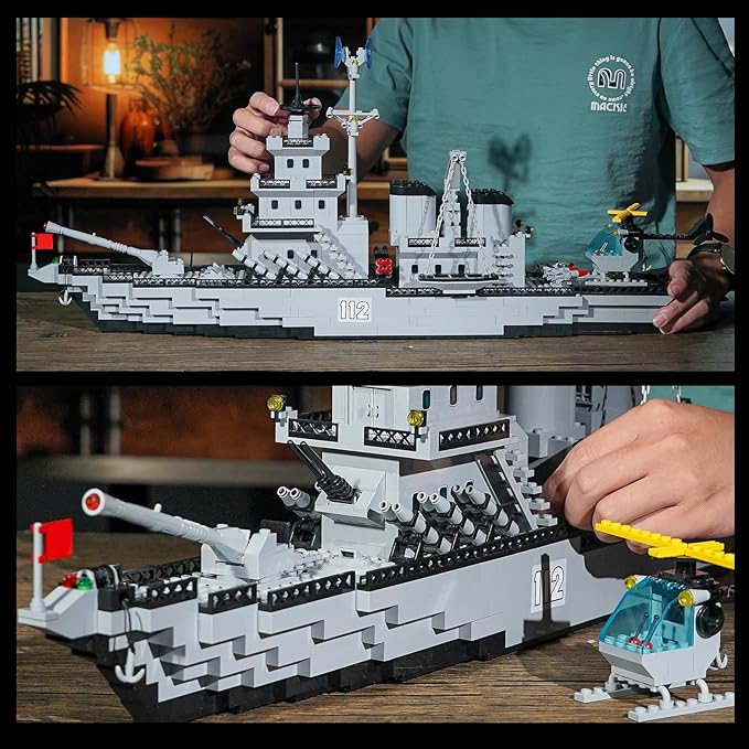 WW2 Military Battleship Building Block Set Large-SizedCruiser Toy Military Battle Ship Toy with Helicopter and City Lifeboat A Gift Compatible with Lego Sets for Boys 8-14 &amp Adults (910pcs)