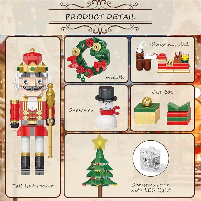 Christmas Nutcracker Building Set with Light - 2 Soldiers Light-Up Christmas Tree Wreath Snowman Sleigh &amp Train - Compatible with Xmas Gifts for Adults (797PCS)