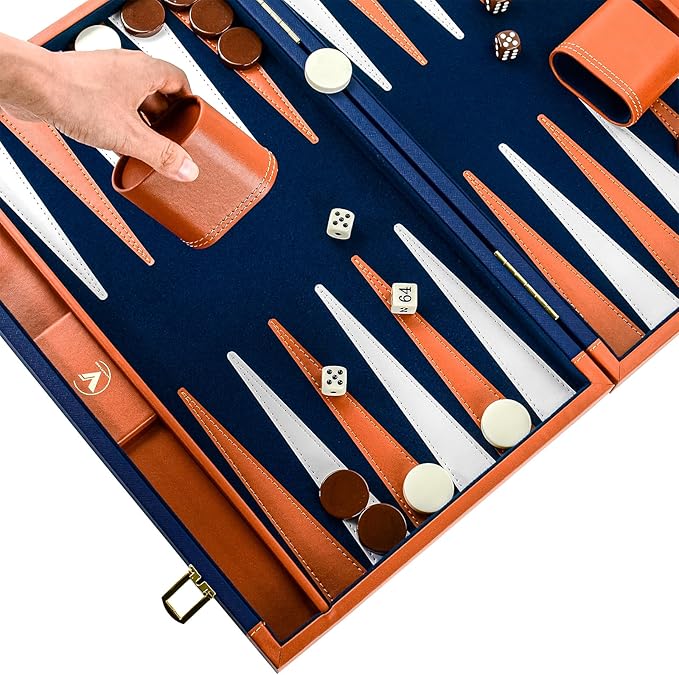 Backgammon Sets for Adults Large Backgammon Board Games Set 17.5 Inch Premium PU Leather Backga mon Game Portable Backgammon Case for Travel Classic Board Strategy Game Gifts Dark Blue