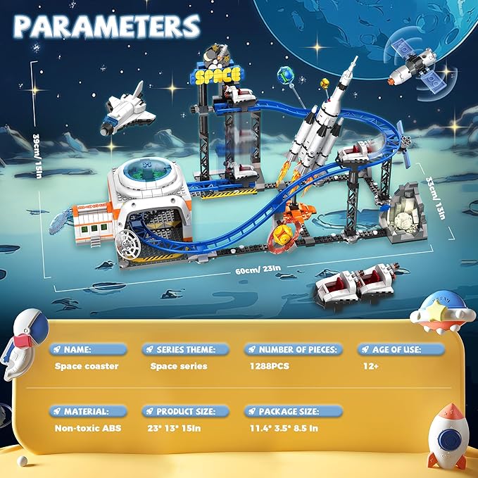 Space Roller Coaster Building Toy for Boys 12+ City Amusement Park Building Block Featuring a Roller Coaster Lift Platform Satellites Rocket Christmas Toy for Kids Ages 12+ 1288Pcs