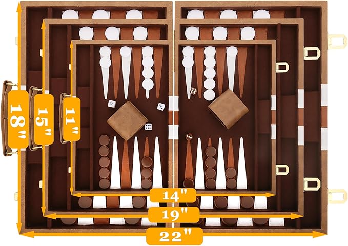 Backgammon Set - Classic Board Game with Premium Leather Case - Portable Travel Strategy Backgammon Game Set for Adults Kids (15inch Khaki)