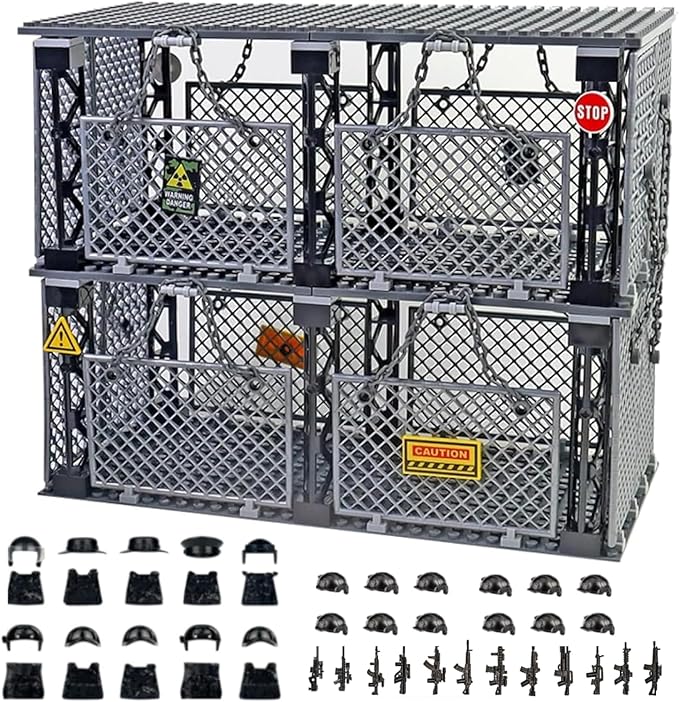 Closed Cage Building Blocks Set - Military Prison Battle Scene Building BlockCompatible with Lego World T-RexIncludes 10 Soldier Figures with Weapons
