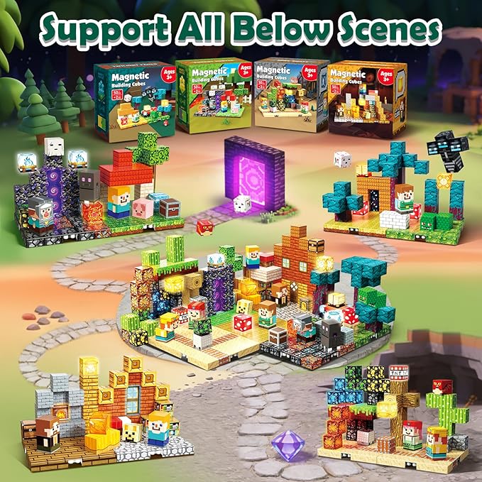 4-in-1 Magnetic Blocks with 24 Light Up Blocks 200PCS Magnetic Building Blocks with 8 Base Plates Screen-Free Magnetic Building Cubes Toy Easter Birthday Gifts for Boys Girls Age 3+