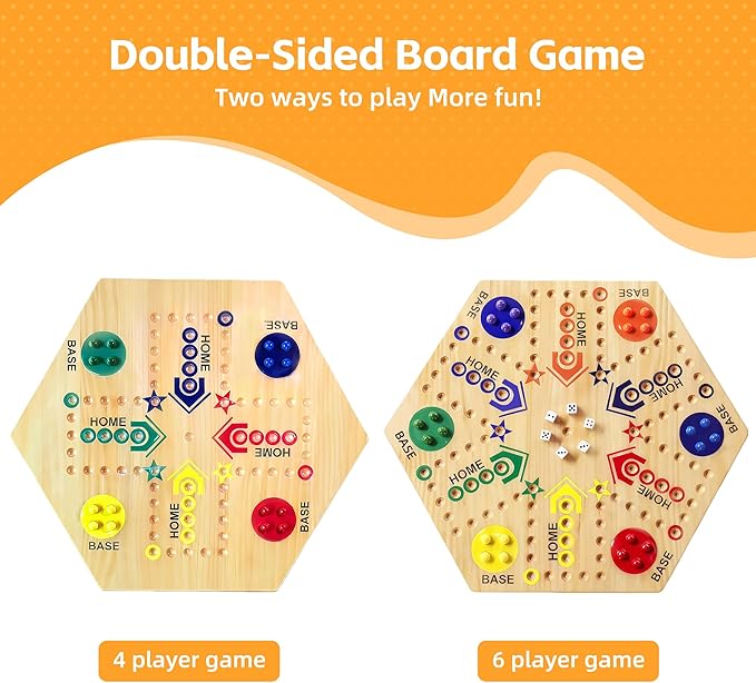 Wooden Board Game Board Game Original Marble Game Double Sided Painted 2 to 6 Player Fast Track Wooden with 6 Colors 24 Marbles 6 Dice for Adults Kids Family(24 INCH)