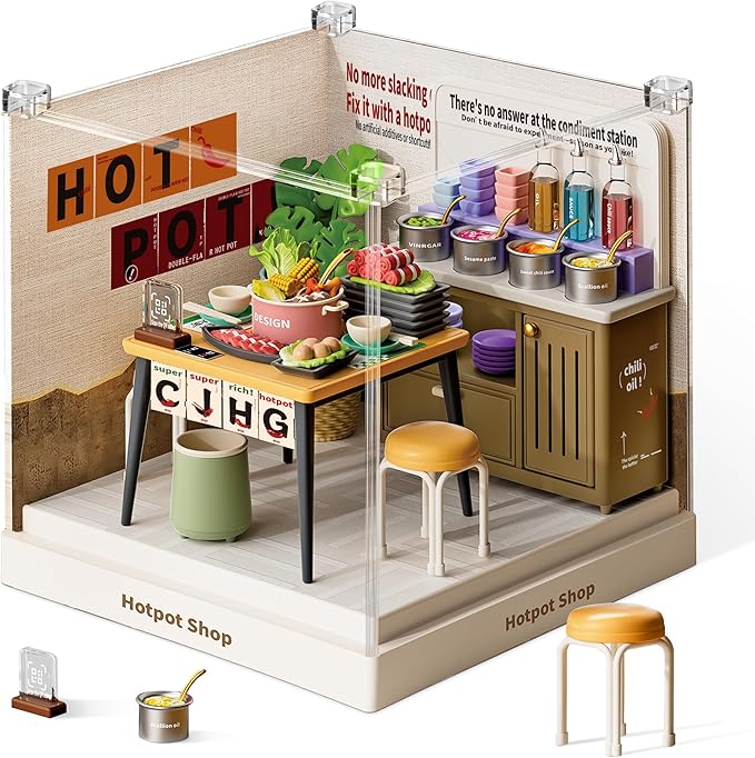 Hot Pot Restaurant Miniature Model Kit - Unique Asian Food Theme DIY Building Set Highly Detailed Stove &amp Tableware Fun Collectible for Model Enthusiasts