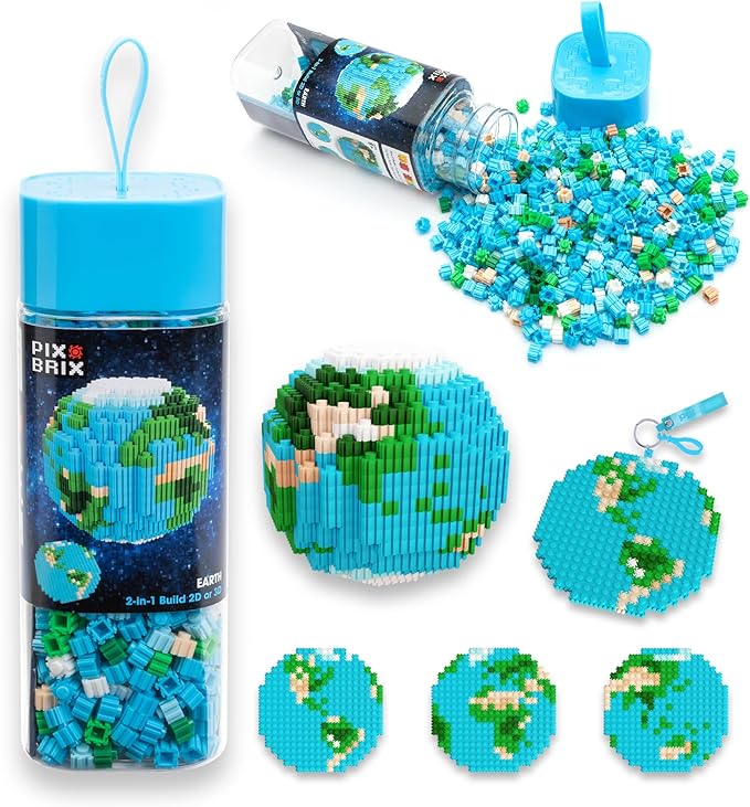 Pix Brix Space Bottle – Earth Set | 973-Piece 2D &amp 3D Earth Building Kit for Kids 8+ | Reusable Storage Bottle Keychain Clip Pixel Art Blocks | STEM Toy Compatible with Major Brick Brands