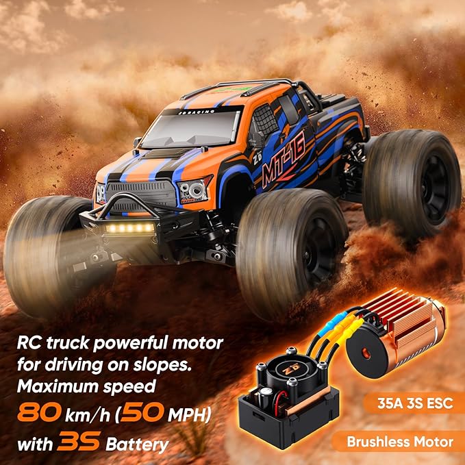 ZD Racing MT-16 1/16 50MPH Brushless 4WD RC TruckUpgradeable All-Terrain Remote Control Cars with 3S BatteryWaterproof Fast Off-Road RC Truggy for AdultsSuitable as Gift for Snow/Sand Adventures