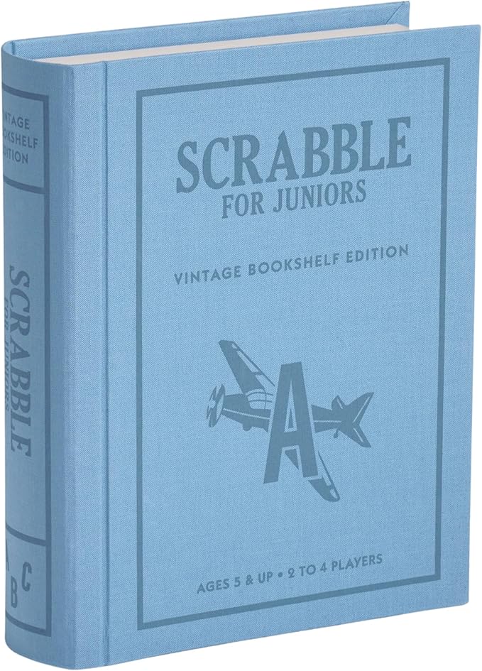 WS Game Company Scrabble for Juniors Vintage Bookshelf Edition: Linen Fabric-Wrapped Book Case — Educational Scrabble Jr. Board Game for Kids and Families (2-4 Players Ages 5+)