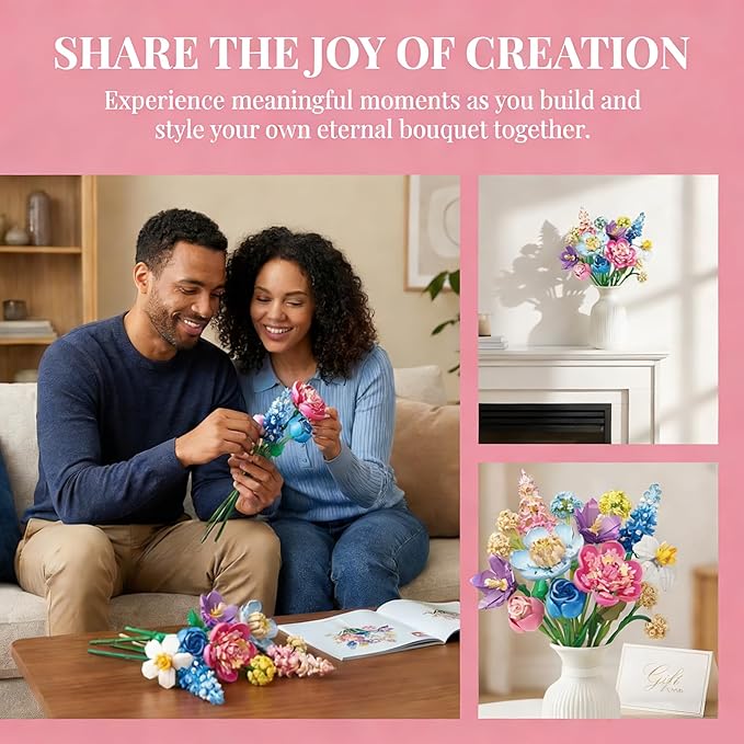 Spring Flowers Bouquet Building Set Botanicals Collection Artificial Flower Rose Peony Narcissus Balloon Flowers Flower Arrangement Art Home Decor Gift for Girls Women