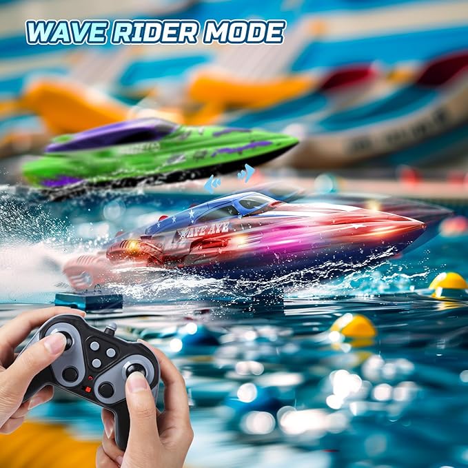 DEERC 2 Pack 13 inch Remote Control Boat for Kids 4 Batteries 2.4Ghz RC Racing Boat with LED Lights for Pools and Lakes Summer Water Toy Gift for Boys 8-12