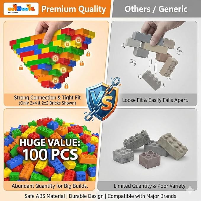100 Pcs Jumbo Building Blocks Set for Toddlers (80 Square &amp 20 Rectangle) | Compatible Big Construction Bricks in 5 Colors | Kids Ages 3+ STEM Toy