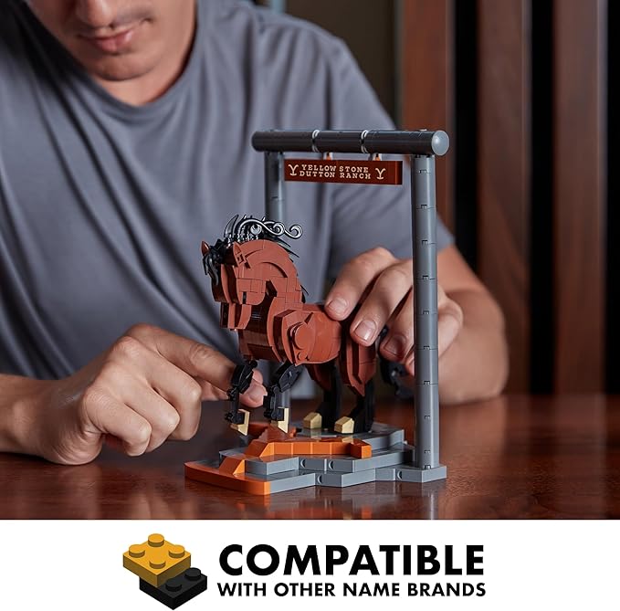Brickcraft Officially Licensed Yellowstone TV Show Dutton Ranch Stallion Horse on a Horse Stable Stand 554 Pieces Multicolored Brick Building Set
