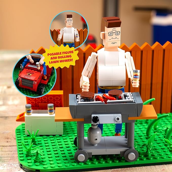 Brickcraft King of The Hill Hank Hill’s Backyard Building Kit (586-Piece Set) Hank Hill Figure Lawn Mower Grill &amp Cooler Animated TV Show Collectible Display Xmas Christmas