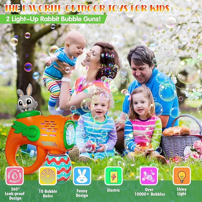Bubble Guns for Toddlers2 Pack Rabbit Bubble MachineEaster Basket Stuffers for KidsBubble Blower with 10 Bubble SolutionsOutdoor Bubble Toy Easter Gift for Age 3 4 5 6 7 8 Years Old Boys Girls