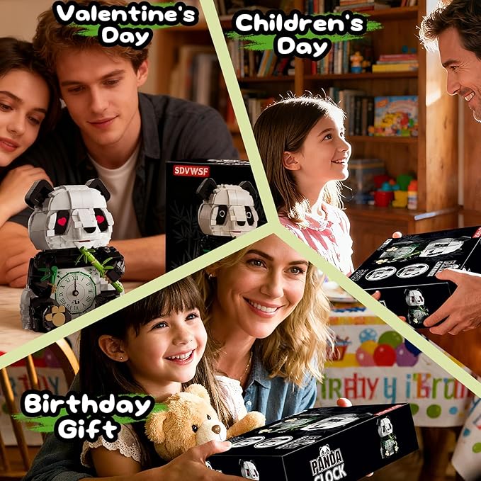 3 in 1 Panda Building Block Set for Kids Age 6+ Cute Animal Brick Alarm Clock Toy with Replace The Eyes Movable Arms and Head Compatible with Lego Creative Home Decor Gift for Adults(853PCS)