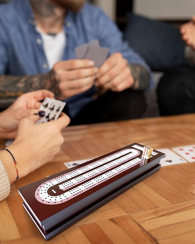 Wooden Cribbage Board Game Set with Cards &amp Metal Pegs – Foldable 3 Track Cribbage Board with Magnetic Lock Large Storage Area – Travel Portable Cribbage Game for Adults &amp Family