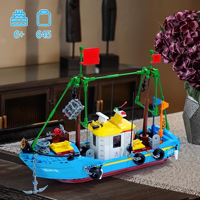 Fishing Boat Building Blocks Sets Pirate Ship Sea Fishing Building Block Toy Set Collection Show Creative Gifts Toys for Boys and Girl Ages 6-12 Years Old and up 645 PCS