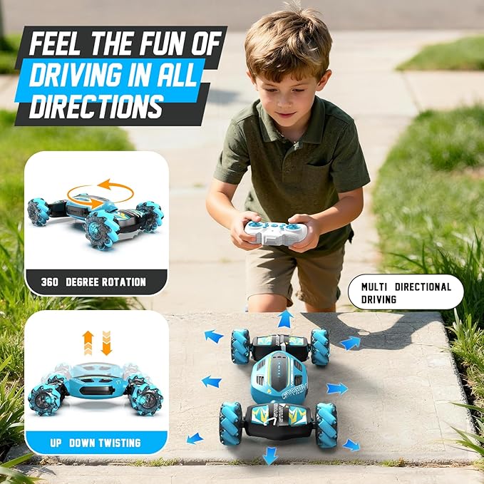 Gesture Sensing RC Stunt Car for Boys 8-12 - Gifts Toy for Kids4WD Remote Control 360° RotatingTransform Hand ControlledBirthday Presents for Boy Age 8 9 10 11 12(Sky Blue)