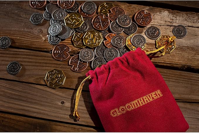 Cephalofair Games: Gloomhaven: Metal Coin Upgrade - 60 Coins &amp Drawstring Bag Board Game Accessory Metal Currency Detailed Art