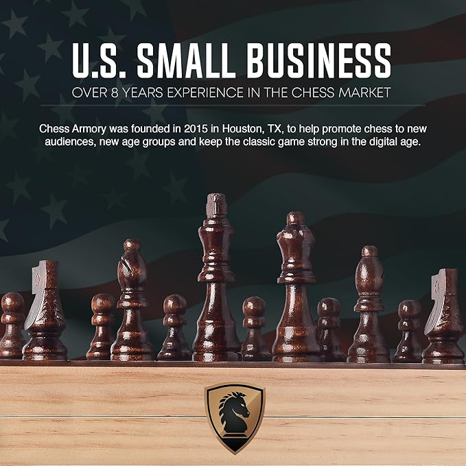 Chess Armory Wooden Chess Set 15 Inch - Classic Handcrafted Game Board for Adults with Extra Queen Pieces and Storage Box - Ideal for Home and Travel - Non-Magnetic